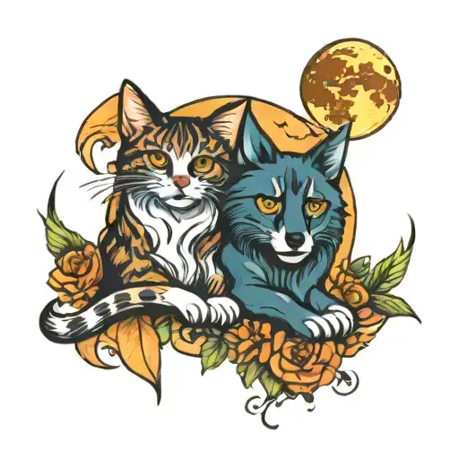 Dog And Cat Under The Moon Surrounded