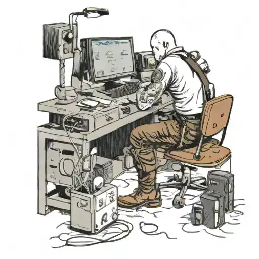 A Skinhead Software Developer With Boots Coding In His Computer In His Desk