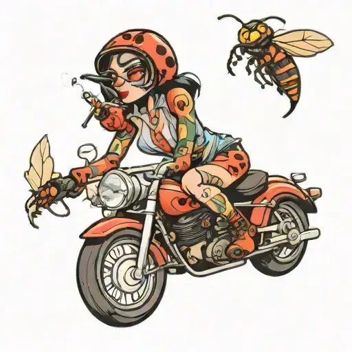 Cartoon Lady Bug Riding A Motorcycle While Smoking A Cigarette