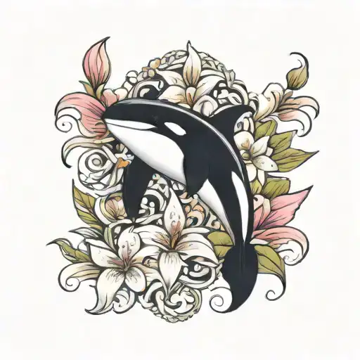 Baby Killer Whale With Lily Flowers