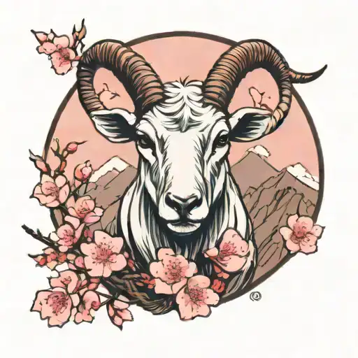 A Peaceful Mountain Goat Meditating Under A Cherry Blossom Tree