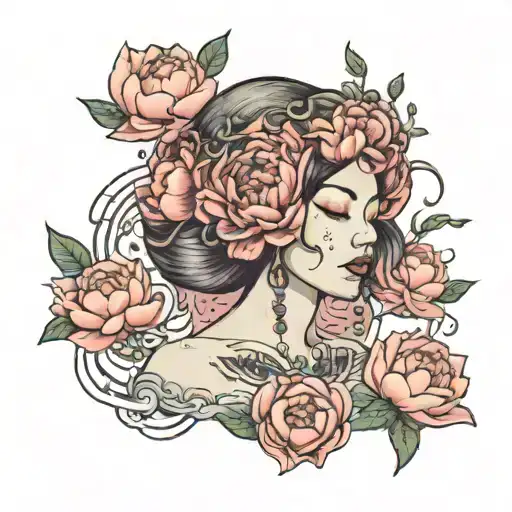 Woman Wearing Peonies On Her Head With A Jellyfish Hanging From The Crown