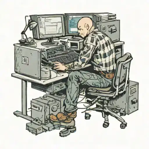 A Skinhead Software Developer With Boots Coding In His Computer In His Desk