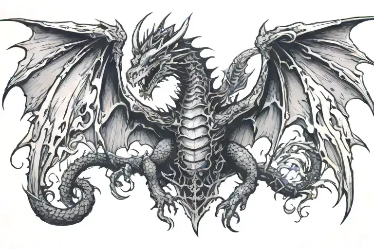 Dragon With Wings Spread Wide On Bone Pile