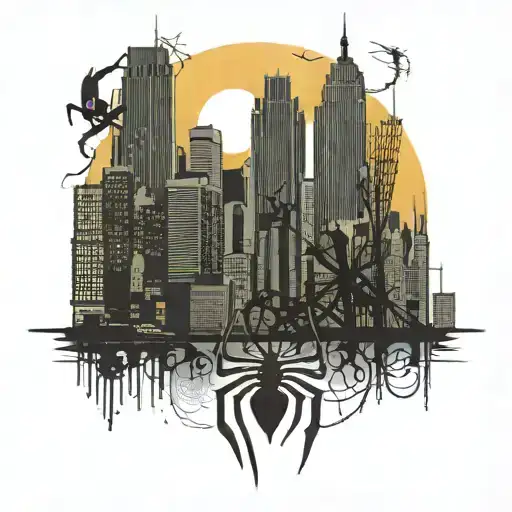 A City With Skylines With Sun Shinning Also Spider-man Swinging In The Back