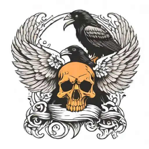 Crow Open Wings With Three Skulls