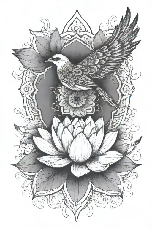 A Lotus And Mandala With A Bird Sitting