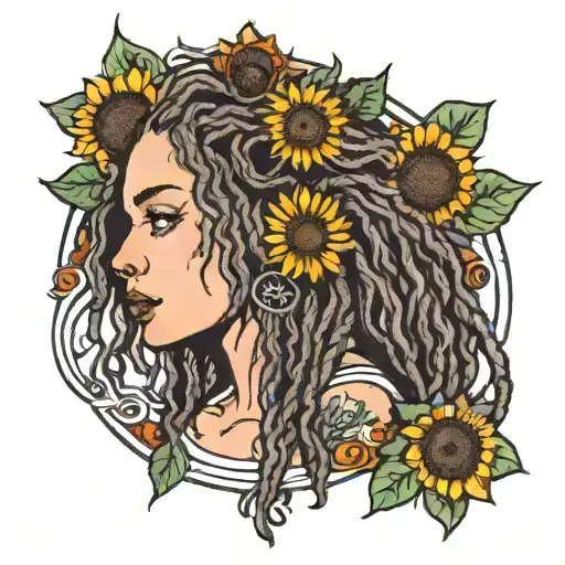 Woman With Dreadlocks And Sunflower With Taurus Symbol