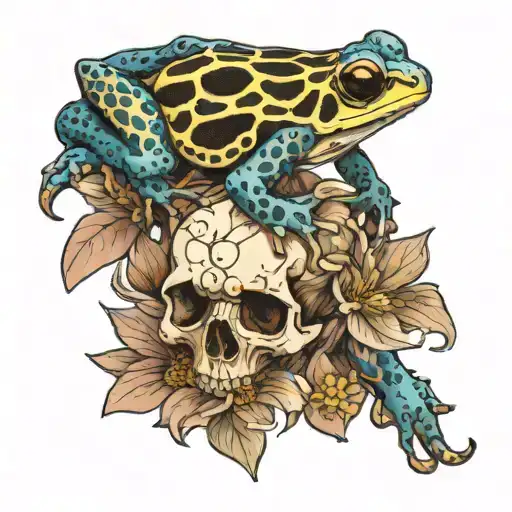 Poison Dart Frog Sitting On A Skull That Is Surrounded By Chrysanthemums