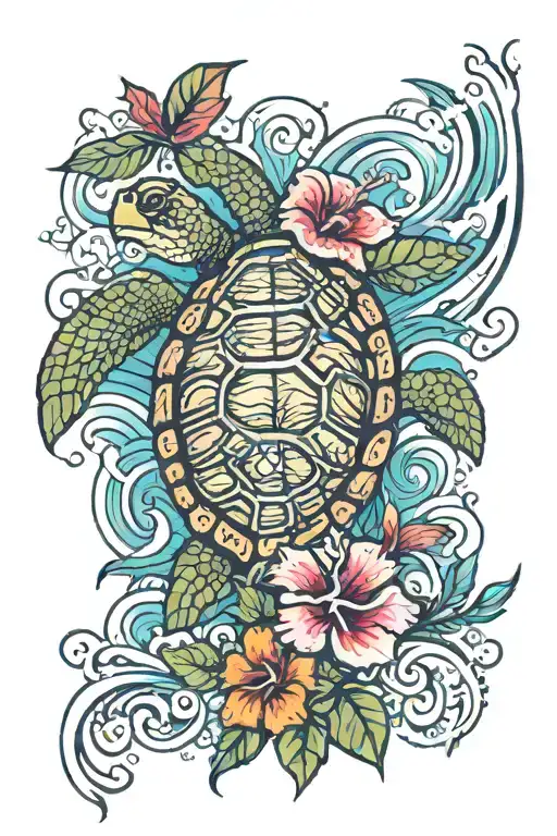 Sea Turtle With Waves And Hibiscus