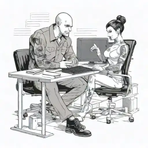 A Skinhead Software Developer Coding In His Computer And A Sexy Girl Sitting With Him In The Desk