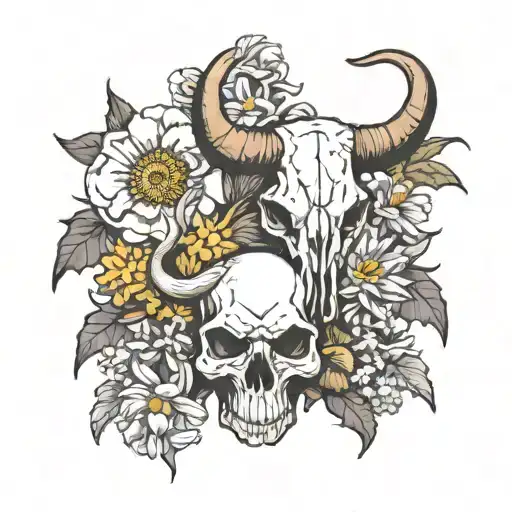 Narcissus Flower And Aster Flower With Bull Skull