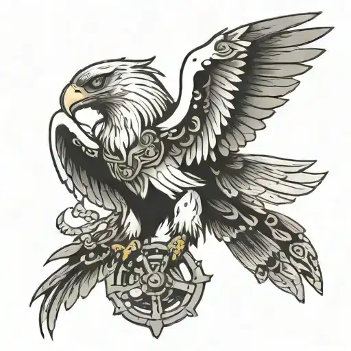 Black And Wite Mechanical Eagle Tattoo On Left Shoulder