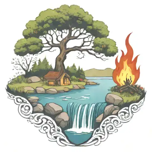 A Rowan Berry Tree And A Campfire Beside A River Waterfalling Down The Front