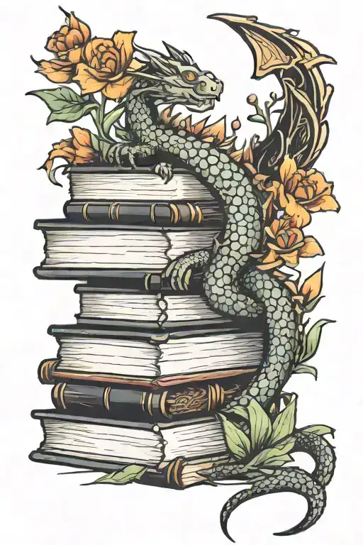 Stack Of Books With Flowers And A Dragon Tail
