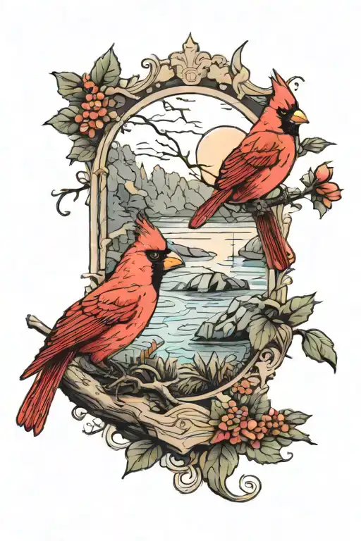 Cardinal Perched Near Lake Scene