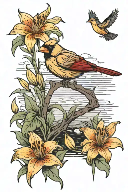 Cardinal Perched Near Lake Scene With Yellow Lilies