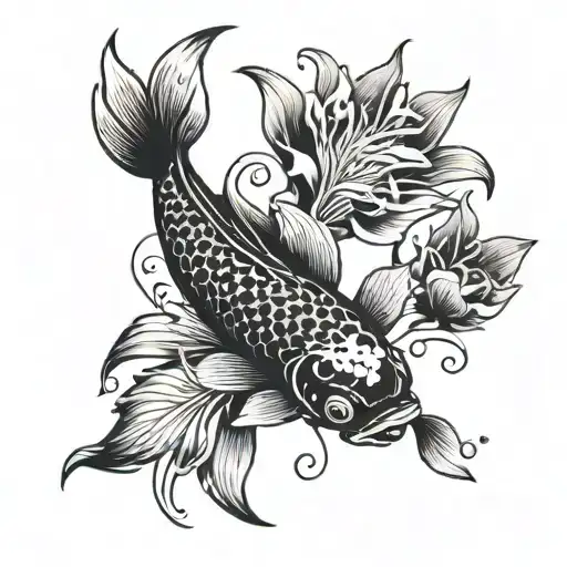 Koi Fish Swimming In A Stream Of Spider Lilly Flowers