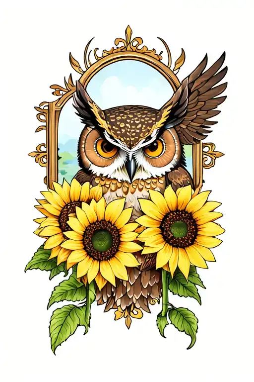 Sideways Owl And Sunflowers On A Mirror