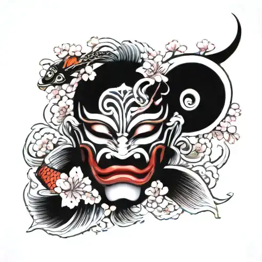 Japanese Mask Surrounded By Cherry Blossoms And Koi Fish