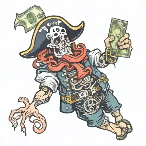 Pirate Hacker With Atm And Money And Octopus Wrapped
