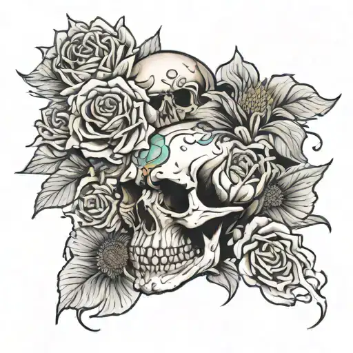 Sunflower And Rose With Skull Eating Them With Flames And A Low Rider In The Back