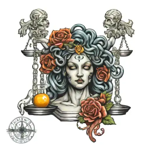 Medusa Head Realistic Woman With Libra Scales Weighing Justice Over Pain