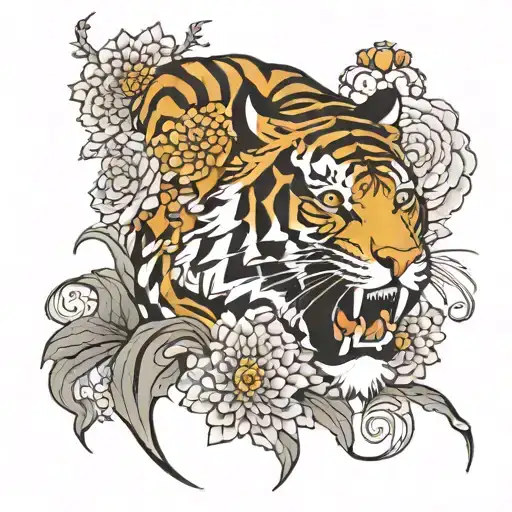 Side Profile Tiger With Japanese Chrysanthemum Flower