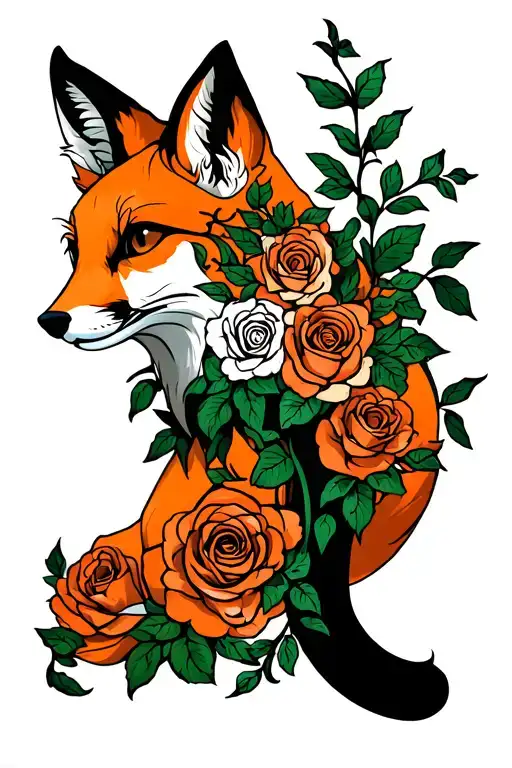 Orange Fox With Roses And Vines Growing