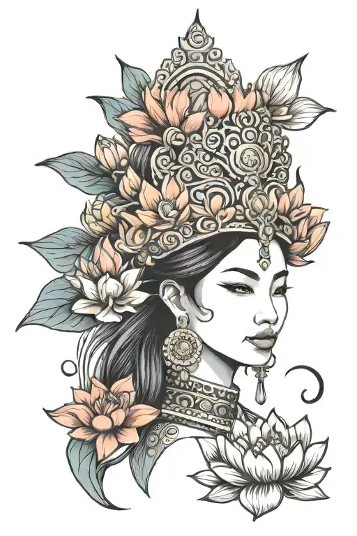 Thai Woman Traditional Headdress Surrounded By Lotus Flowers