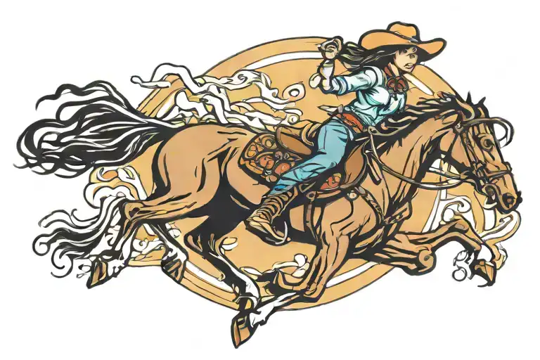 Cowgirl Riding A Horse Galloping Lassoing The Sun