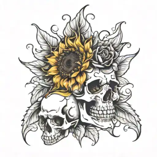 Sunflower And Rose With Skull Eating It With Flames And Low Rider In The Back