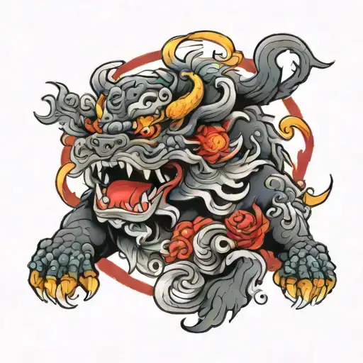 Create A Colorful Foo Dog Around Black Smoke And A Red Sun