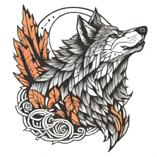 A Geometric Wolf Howling At The Moon In A Dotwork Style