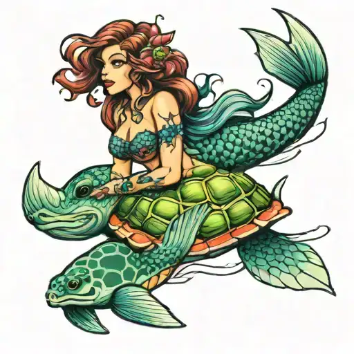 Mermaid And Turtle Swimming