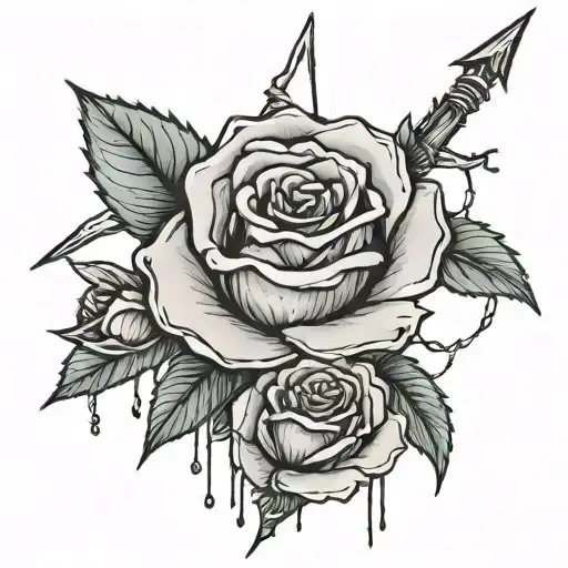 Generate A Tattoo Of A Rose Sht By An Arrow Whilst Bleeding And Wraped In Barbed Wire