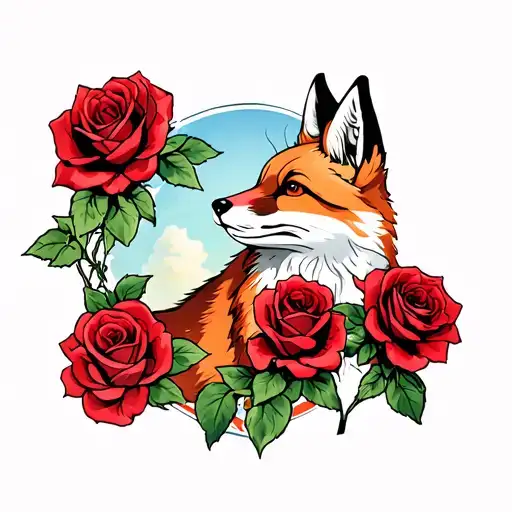Several Red Roses And In The Middle A Fox Looking Towards The Sky