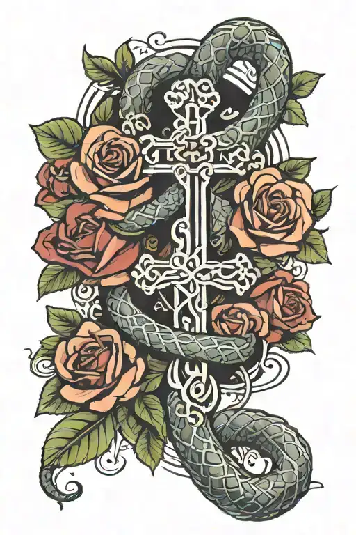 Snake Wrapped Around A Cross With Roses Blooming