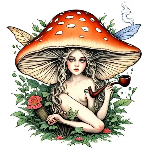 Nude Fairy On A Mushroom Forest Smoking A Pipe