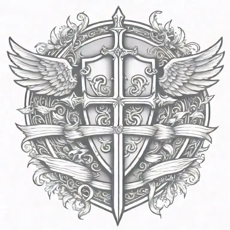 Sword Handles Behind Templar Shield With Wings Behind A Cross With Ribbon