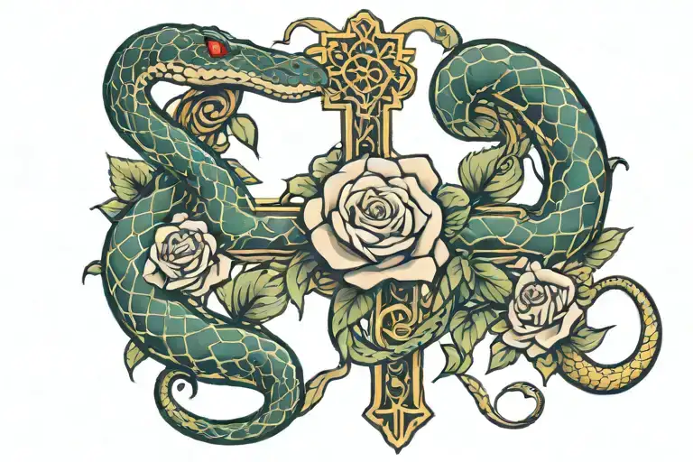 Snake Curled Around A Cross With Roses