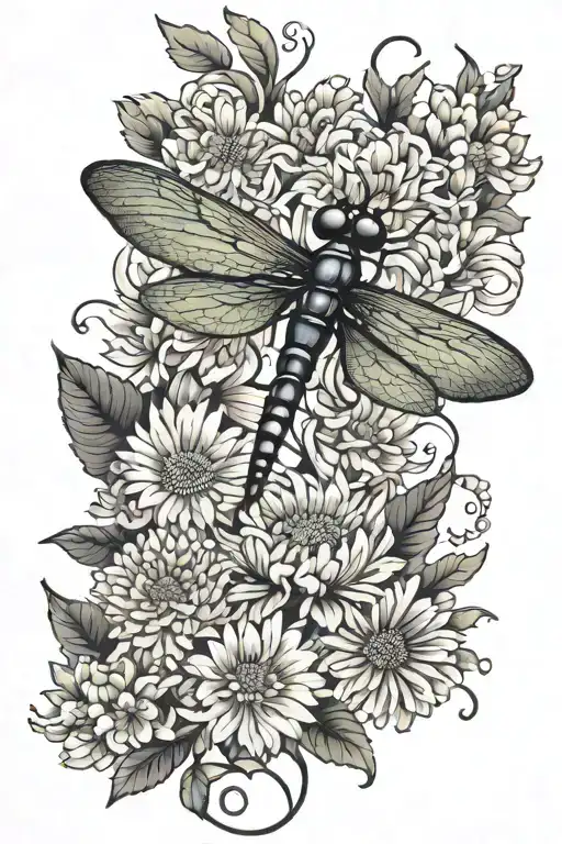 Dragonfly With Chrysanthemum And Aster Flowers