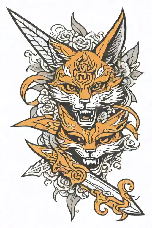 Neo Traditional Dagger And Mask Kitsune Flash Style