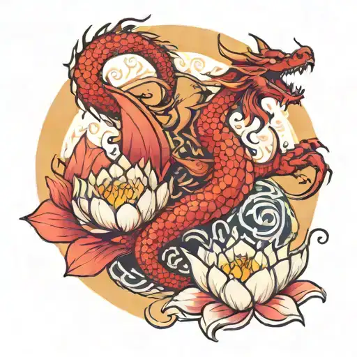 Dragon With Lotus And Moon Surrounded