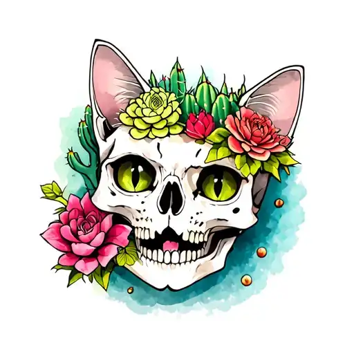 Cactus And Succulent In Cat Skull