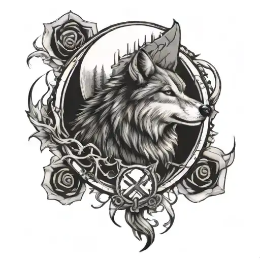 Wolf And Cross Wrapped Round Moon