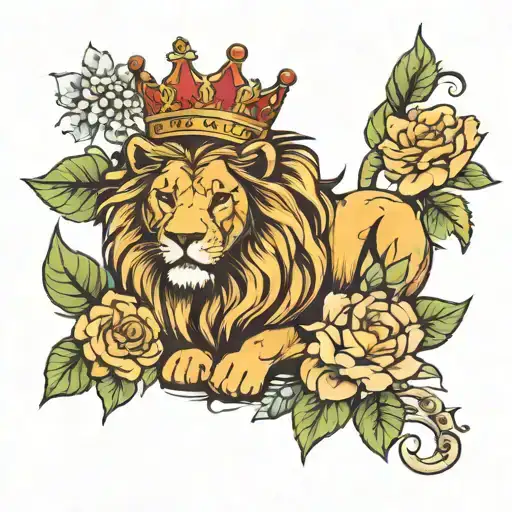 Lion With Crown Surrounded By Flowers