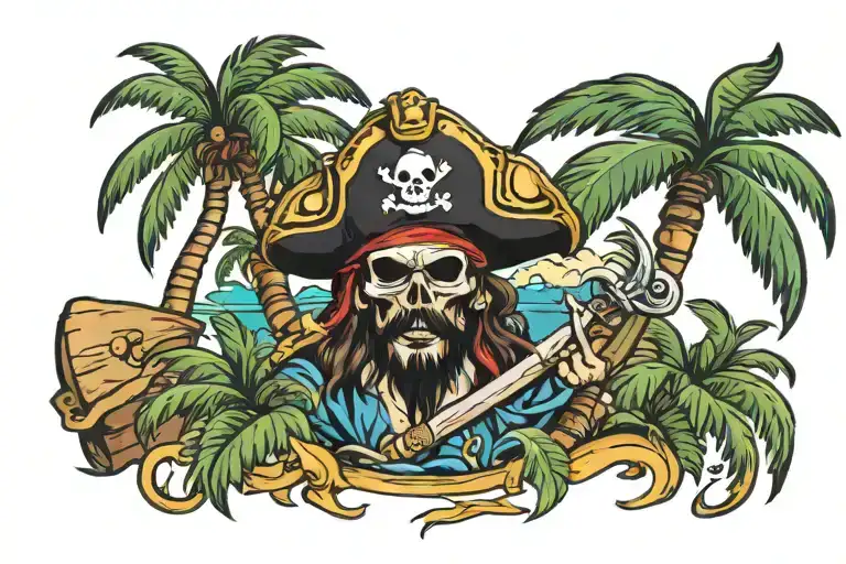 Pirate And Palm Trees With Flag