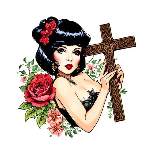 Pinup Girl With Black Bob And Holding A Cross