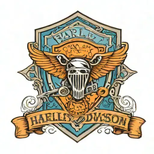 Harley Davidson Bar And Shield With Layered Blue Mountain Scene In Center